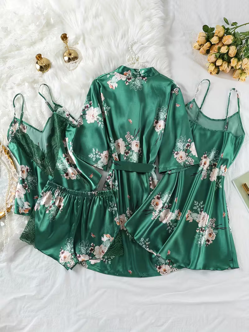 4-Piece Satin Set – Dark Green - Jardin Poétique