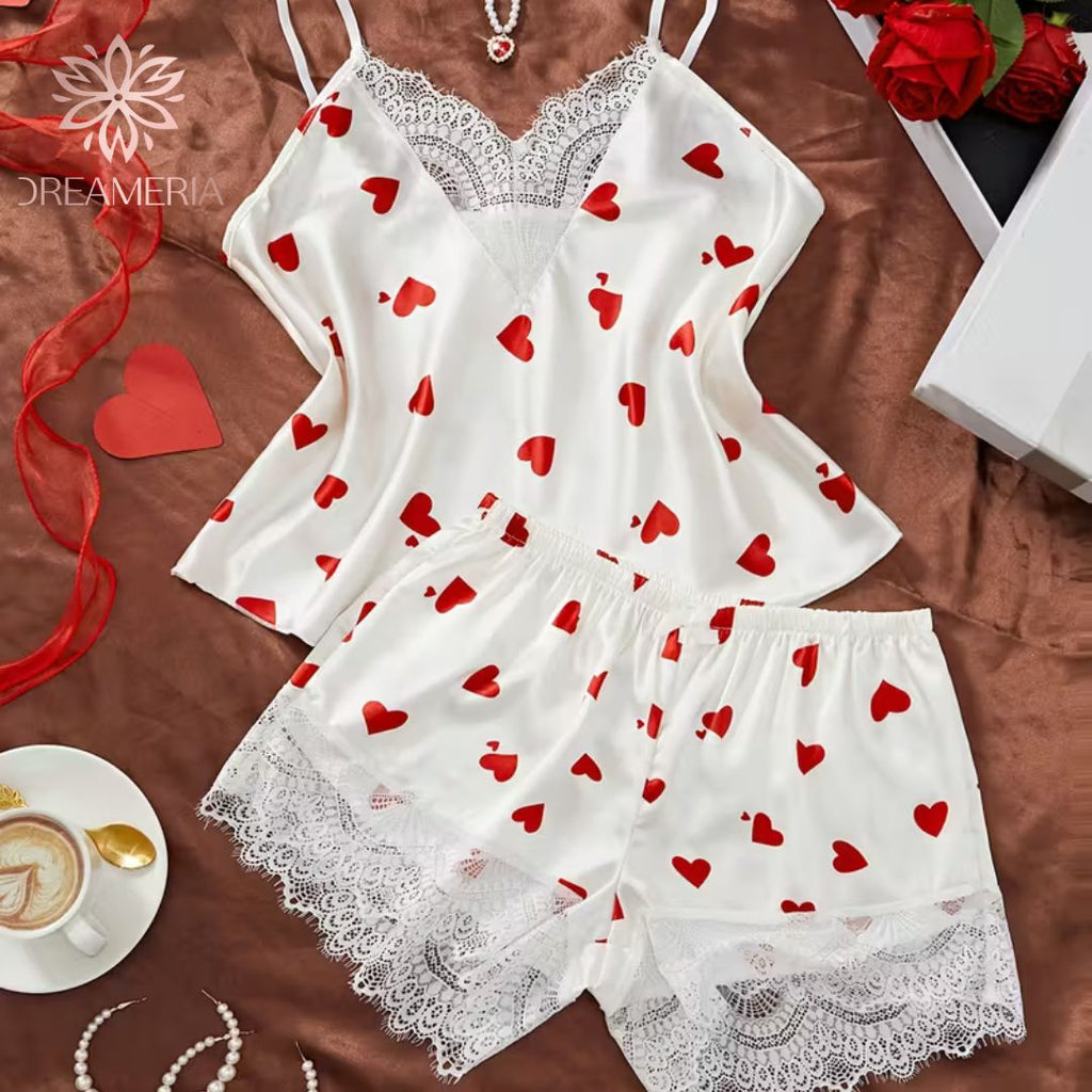 2-Piece Satin Pajama Set – White with Heart Print and Lace Trim | Valentine Collection