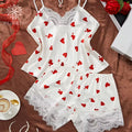 2-Piece Satin Pajama Set – White with Heart Print and Lace Trim | Valentine Collection