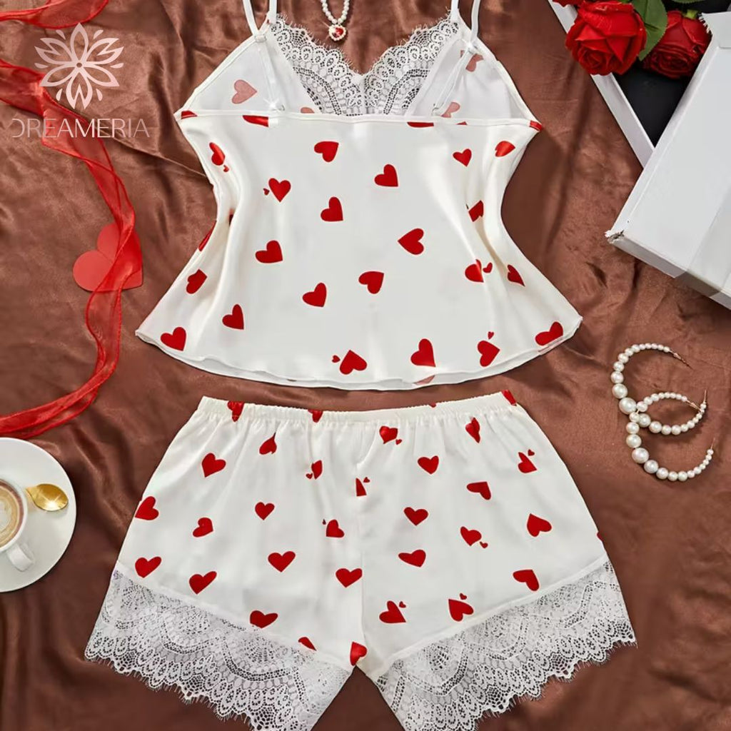 2-Piece Satin Pajama Set – White with Heart Print and Lace Trim | Valentine Collection