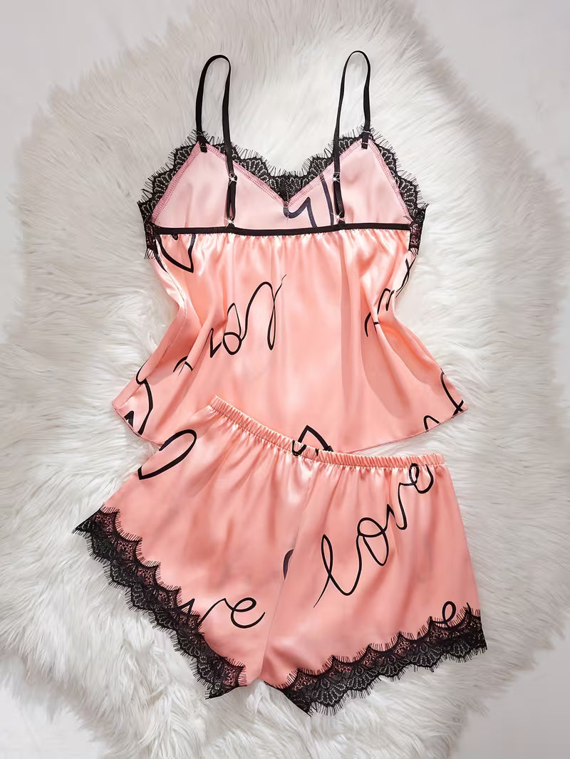2-Piece Satin Pajama Set – Pink Heart Print with Lace Trim | Valentine Collection