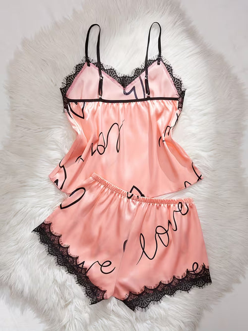 2-Piece Satin Pajama Set – Pink Heart Print with Lace Trim | Valentine Collection