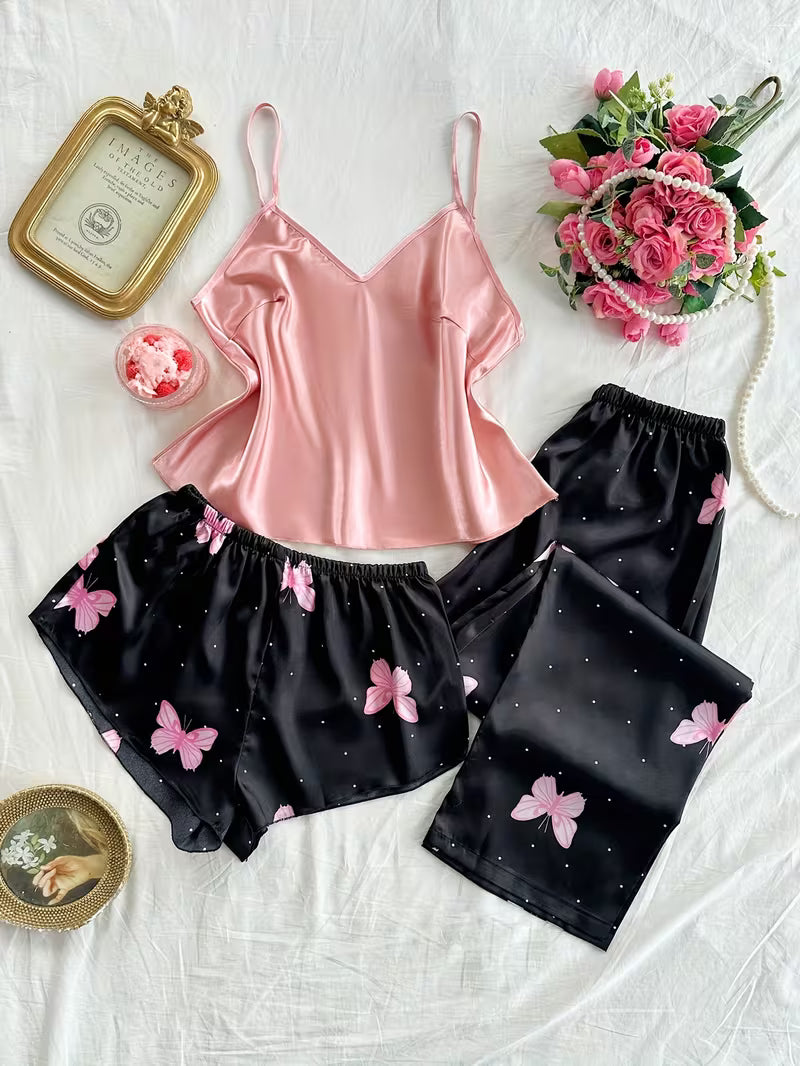 3-Piece Satin Set – Noir Butterfly – Valentine Collection