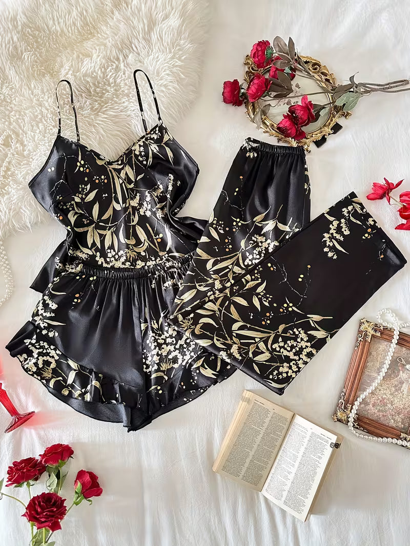 3-Piece Satin Set – Black – Dreameria Floral