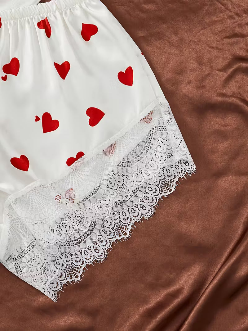 2-Piece Satin Pajama Set – White with Heart Print and Lace Trim | Valentine Collection