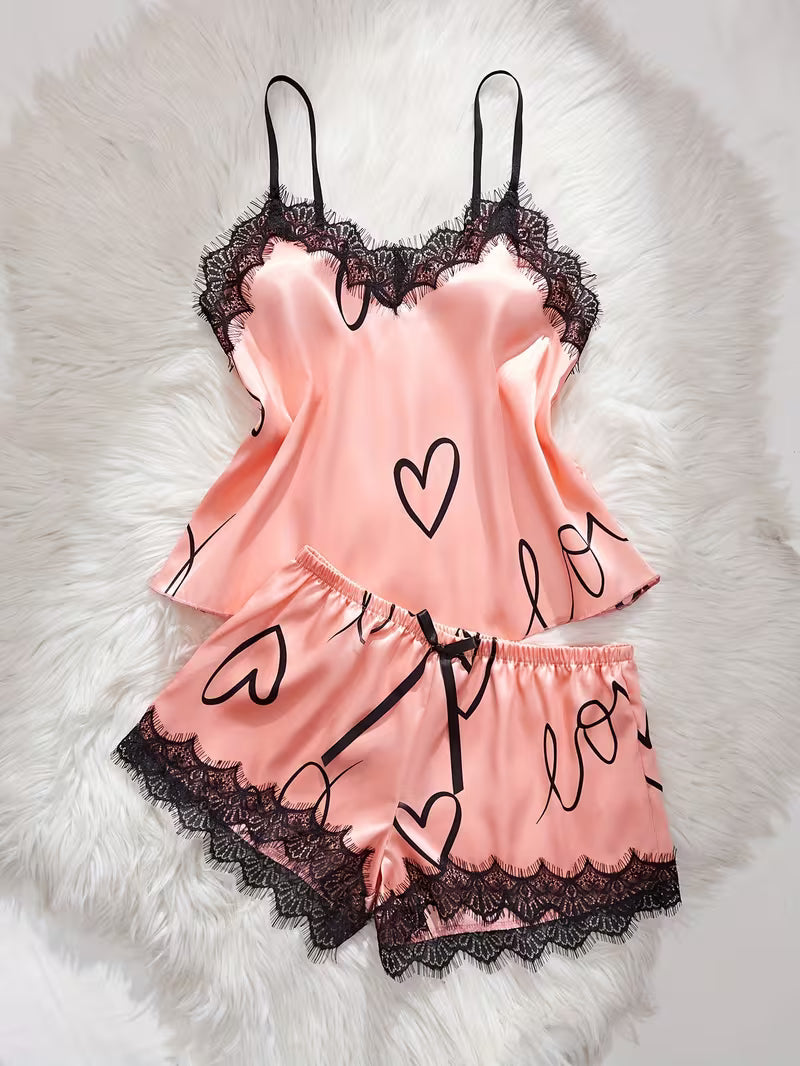 2-Piece Satin Pajama Set – Pink Heart Print with Lace Trim | Valentine Collection