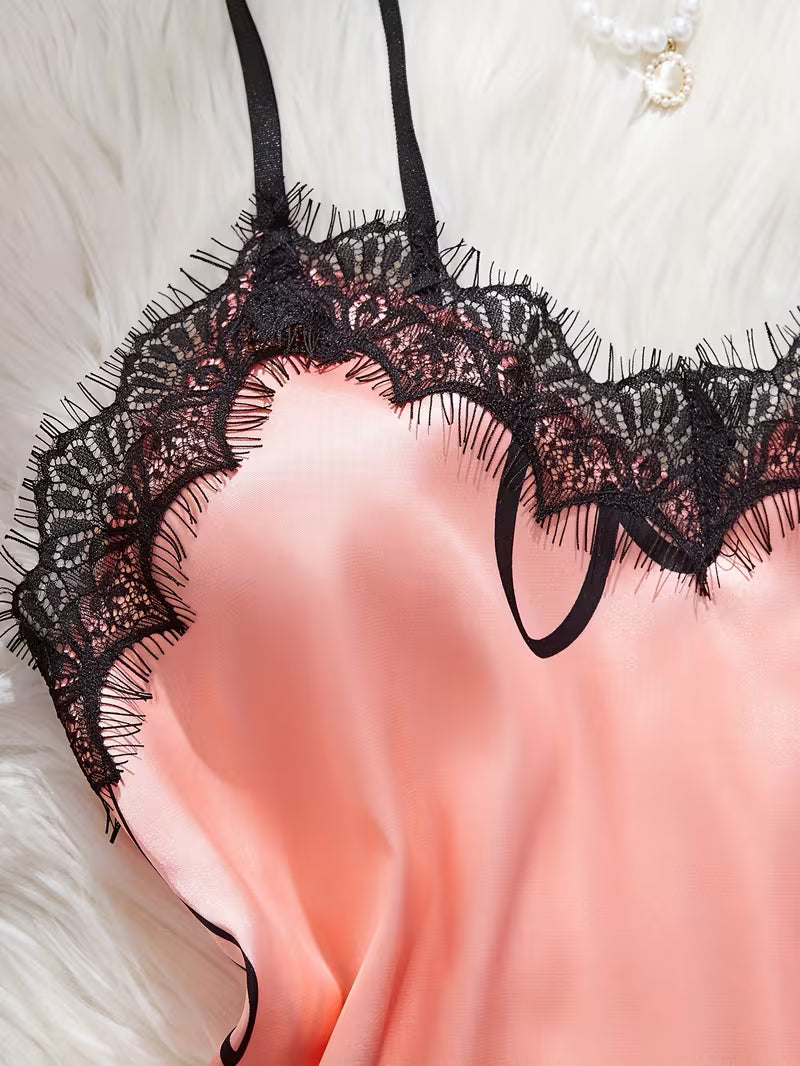 2-Piece Satin Pajama Set – Pink Heart Print with Lace Trim | Valentine Collection