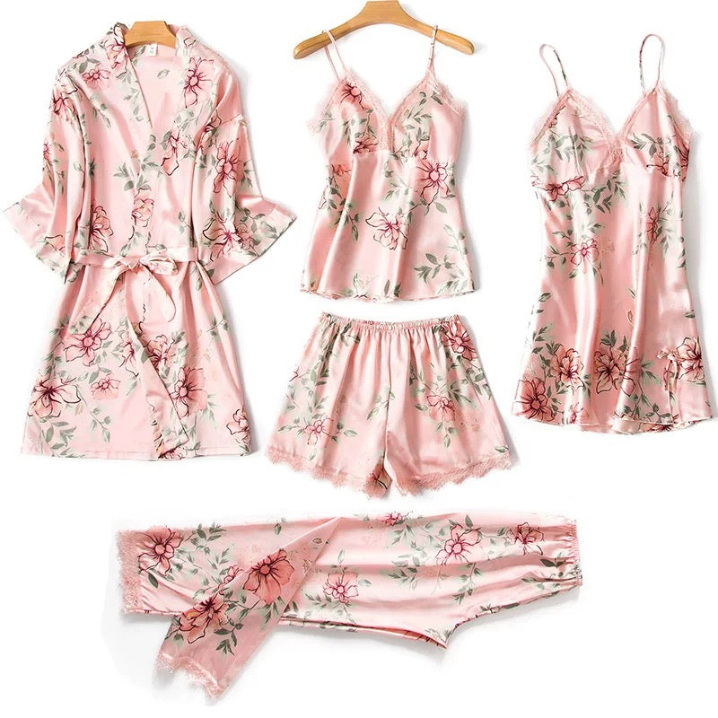 5-Piece Satin Set – Pink – Classic Lace Floral