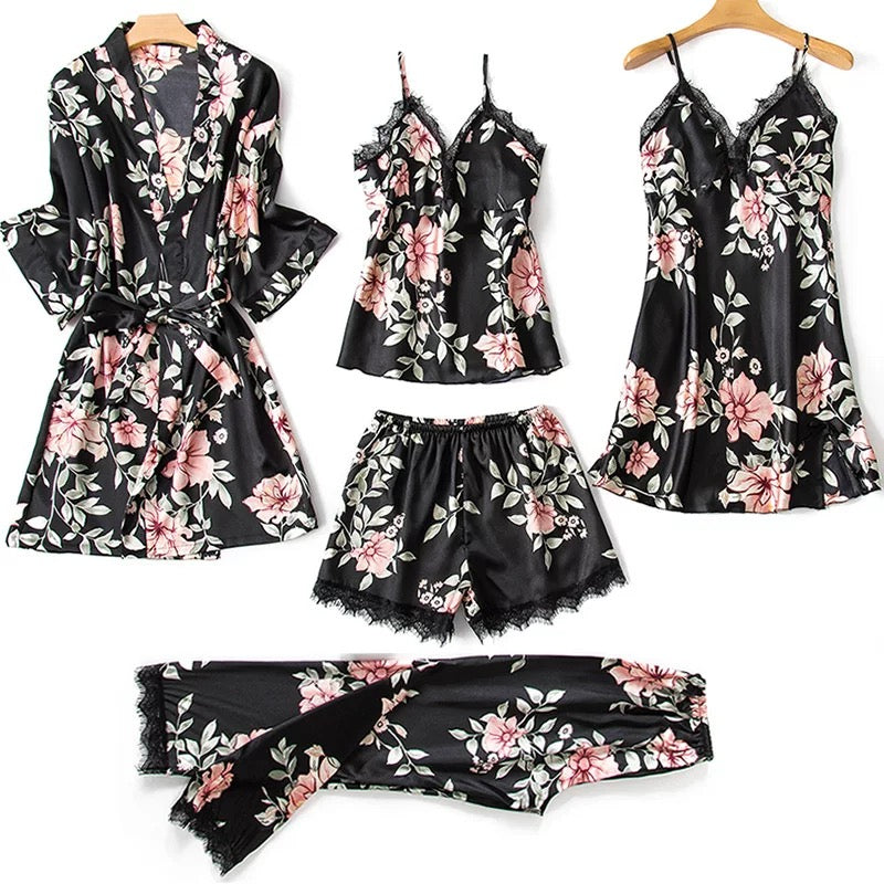 5-Piece Satin Set – Black – Classic Lace Floral