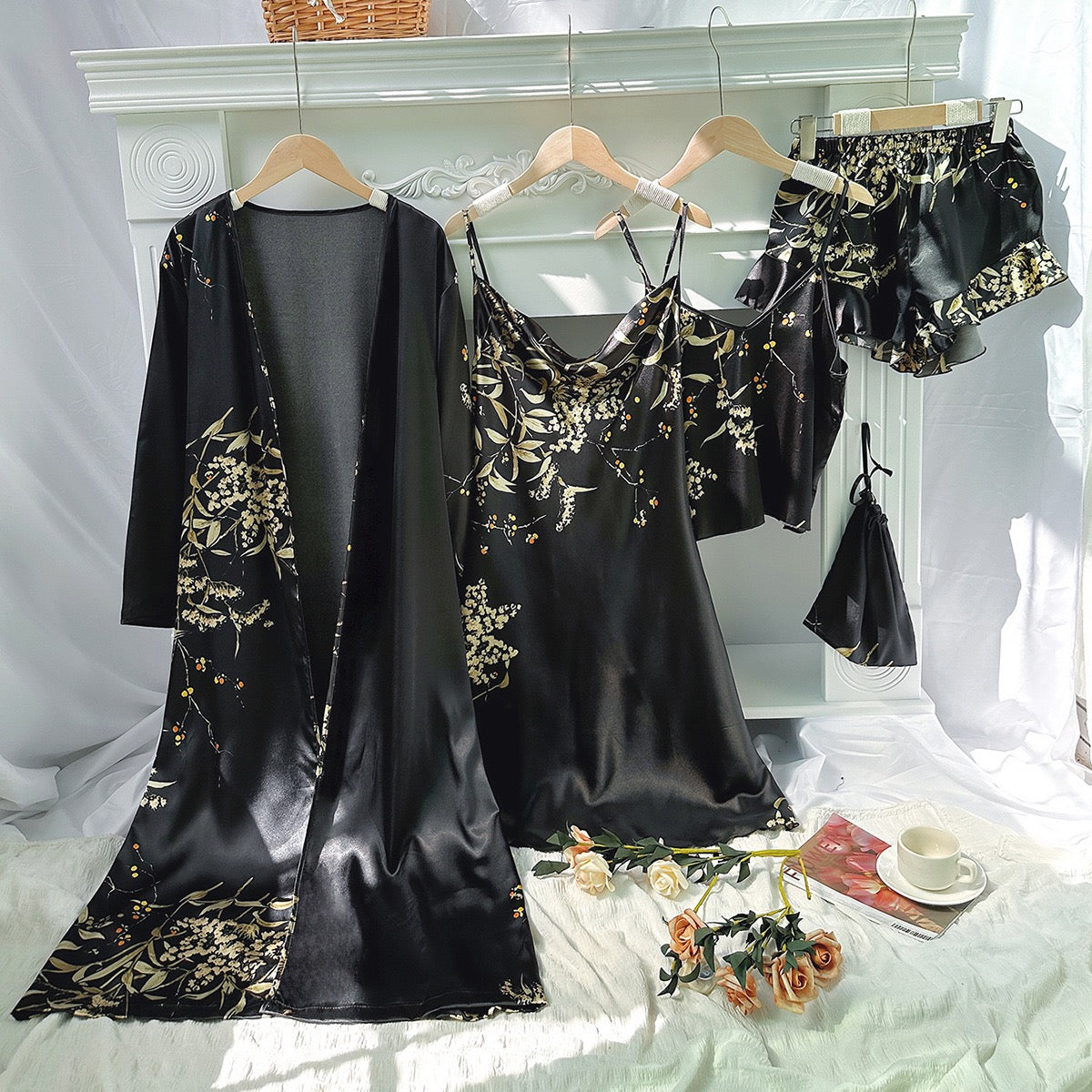 4-Piece Satin Set – Midnight Black – Jardin Poétique