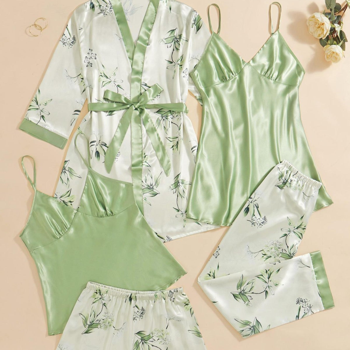 5-Piece Satin Set – Mocha Green – Jardin de Rêve