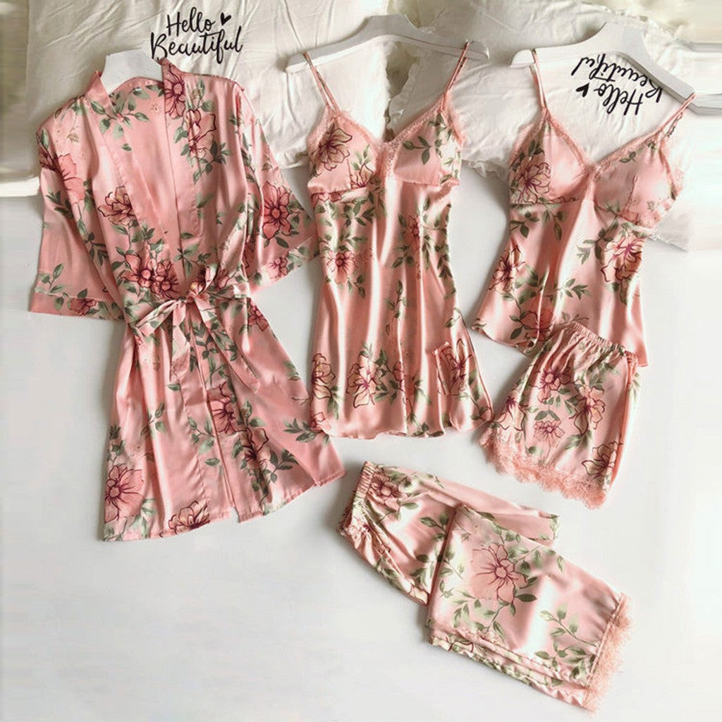 5-Piece Satin Set – Pink – Classic Lace Floral