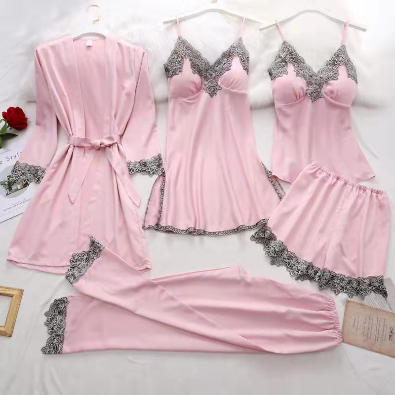 5-Piece Satin Set – Rose Pink – Classic Lace