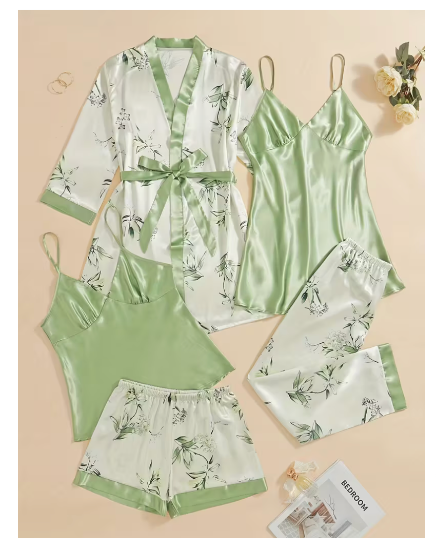 5-Piece Satin Set – Mocha Green – Jardin de Rêve