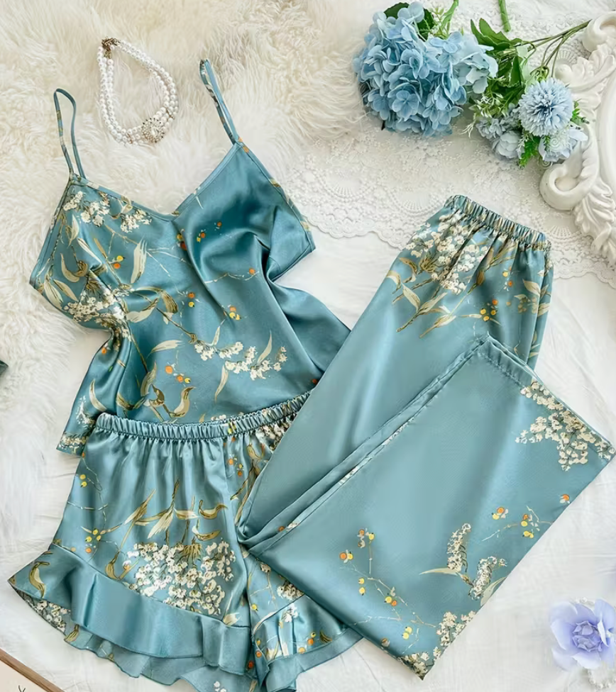 3-Piece Satin Set – Jade Green – Dreameria Floral