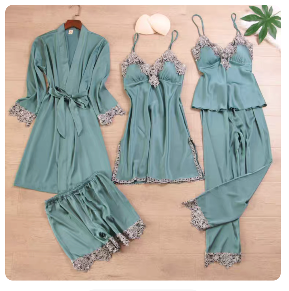 5-Piece Satin Set – Turquoise – Classic Lace