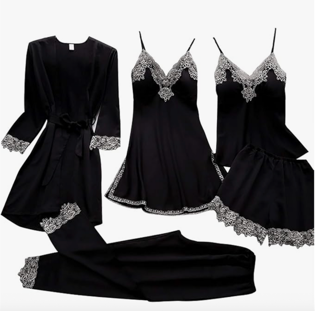 5-Piece Satin Set – Midnight Black – Classic Lace