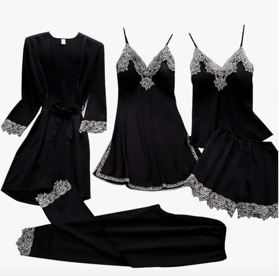 5-Piece Satin Set – Midnight Black – Classic Lace