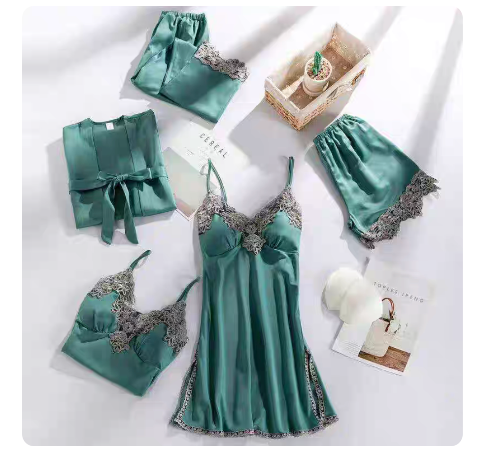 5-Piece Satin Set – Turquoise – Classic Lace