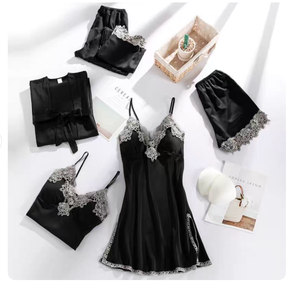5-Piece Satin Set – Midnight Black – Classic Lace