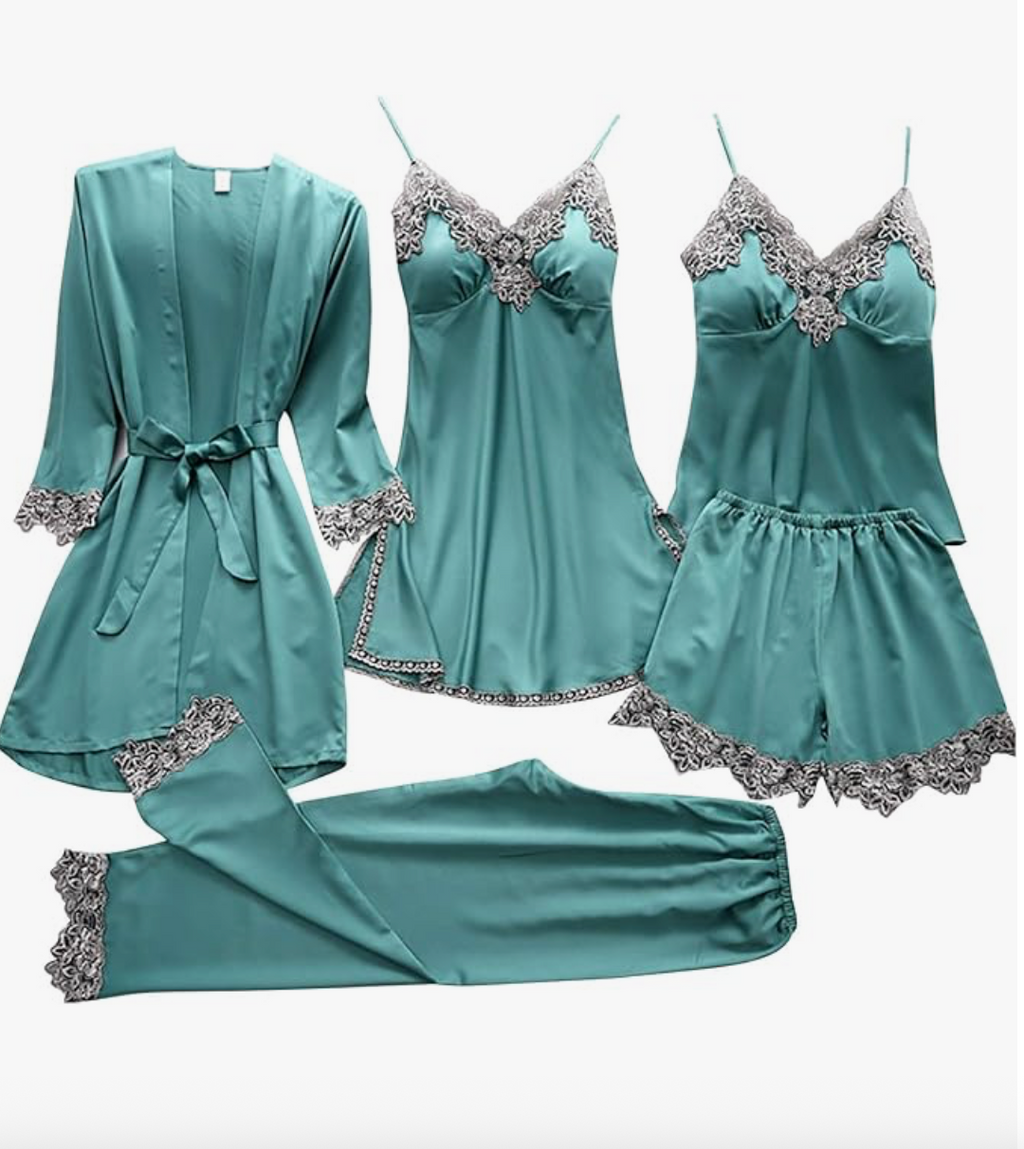 5-Piece Satin Set – Turquoise – Classic Lace