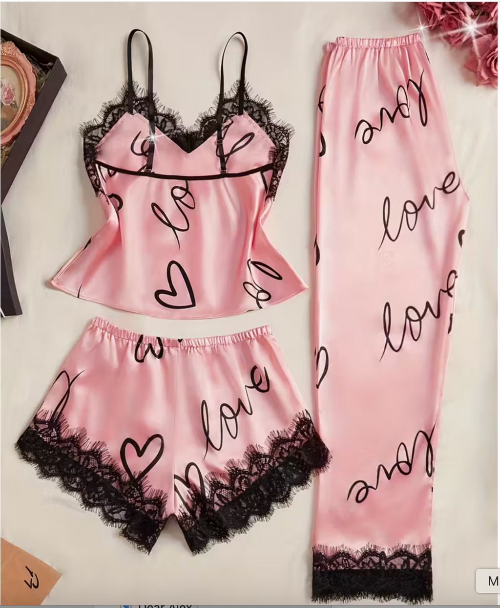 3-Piece Satin Set – Pink Heart – Valentine Collection