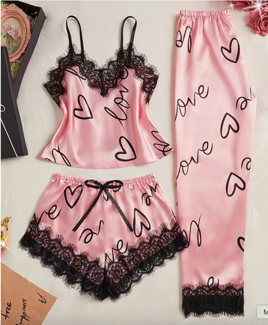 3-Piece Satin Set – Pink Heart – Valentine Collection