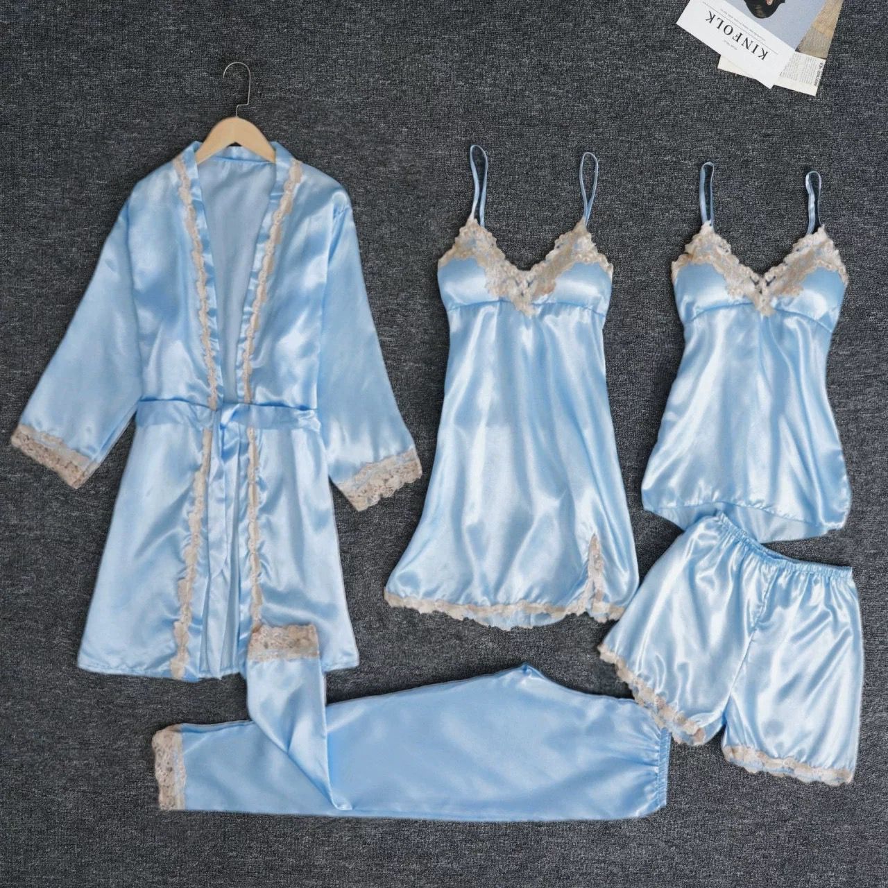 5-Piece Satin Set – Sky Blue – Classic Lace