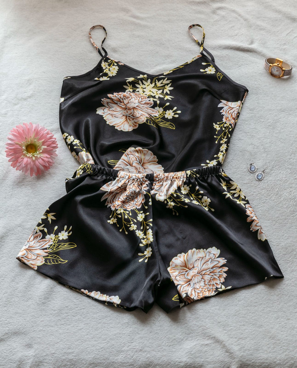 2-Piece Satin Set – Midnight Black – Voyage Ease