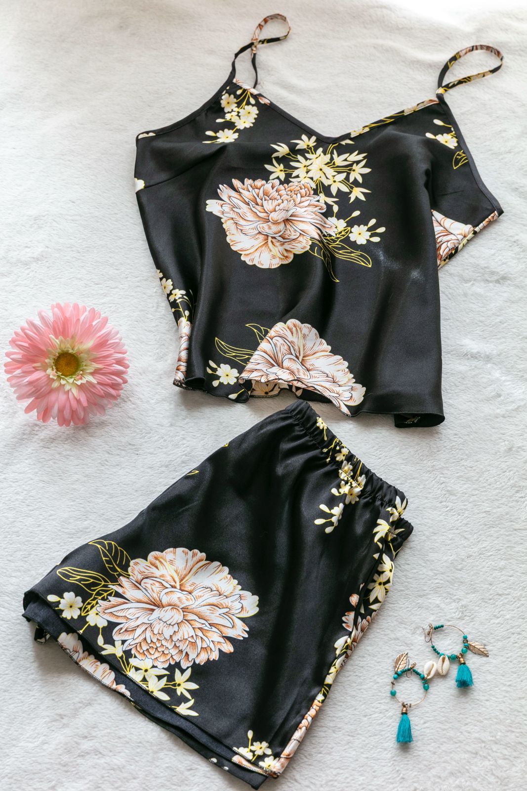 2-Piece Satin Set – Midnight Black – Voyage Ease