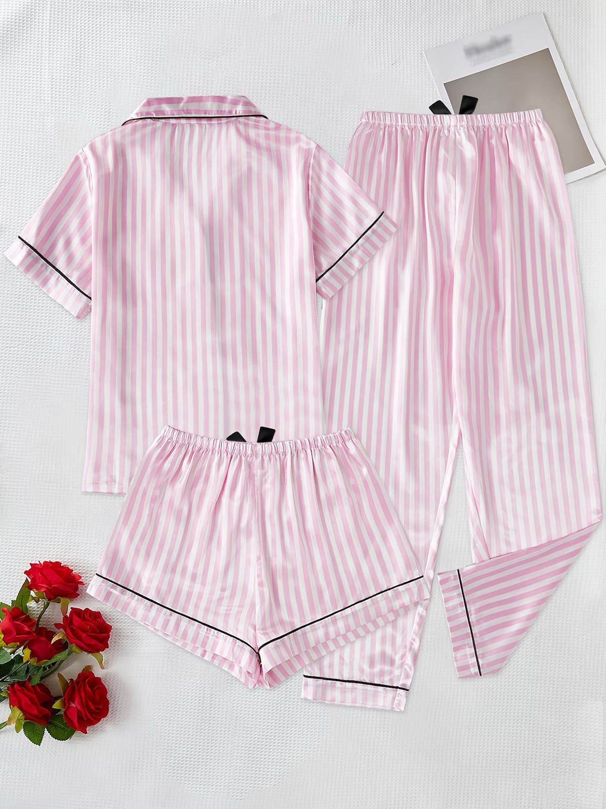 3-Piece Satin Pajama Set – Pink Striped  Button Shirt, Long Pants & Shorts