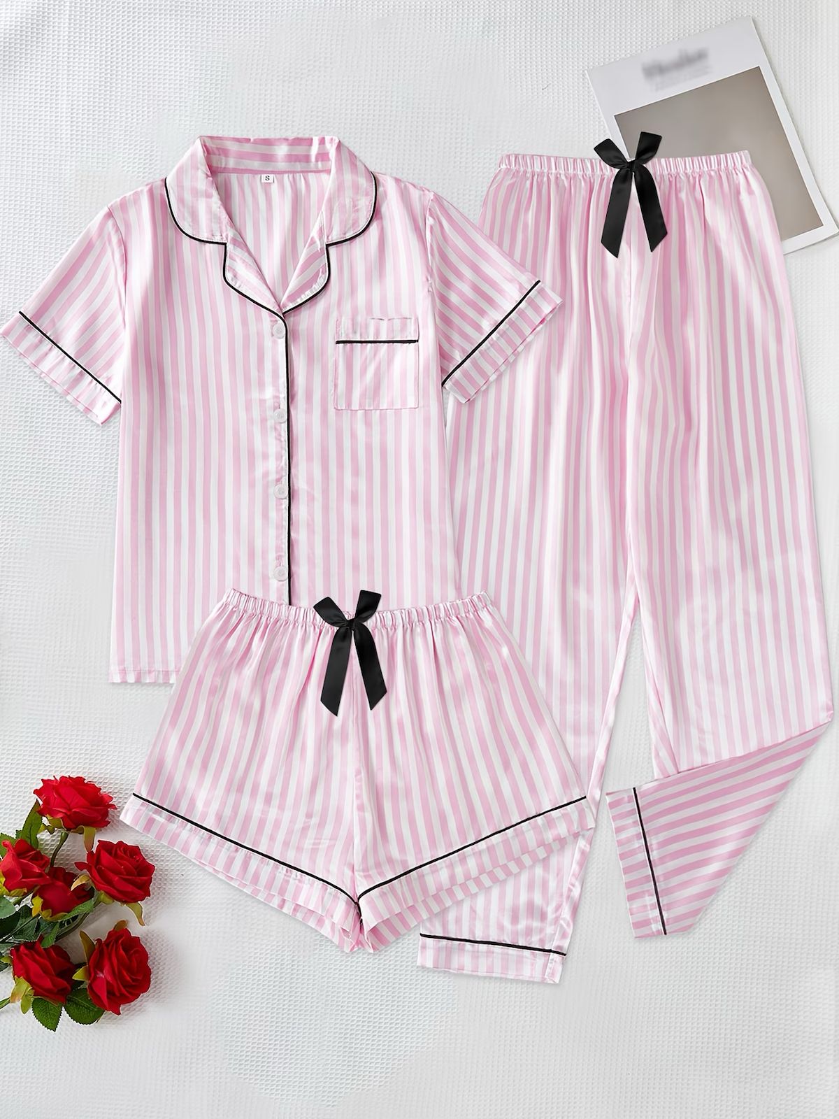 3-Piece Satin Pajama Set – Pink Striped  Button Shirt, Long Pants & Shorts