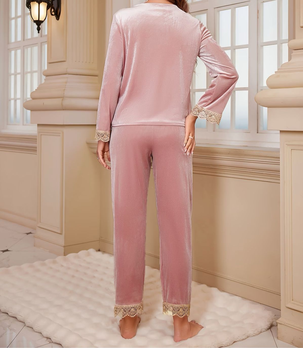 2-Piece Tender Pink Velour Pajama Set | Lace Trim | Warm & Cozy