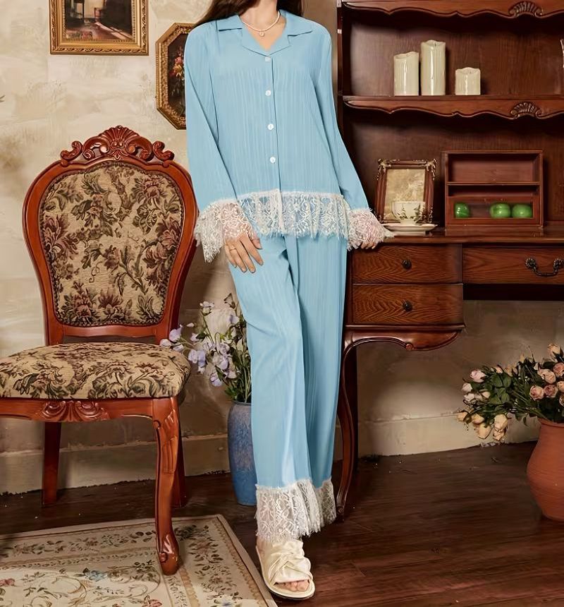 2-Piece Elegant Lace Long-Sleeve Loungewear Set | Matching Pants