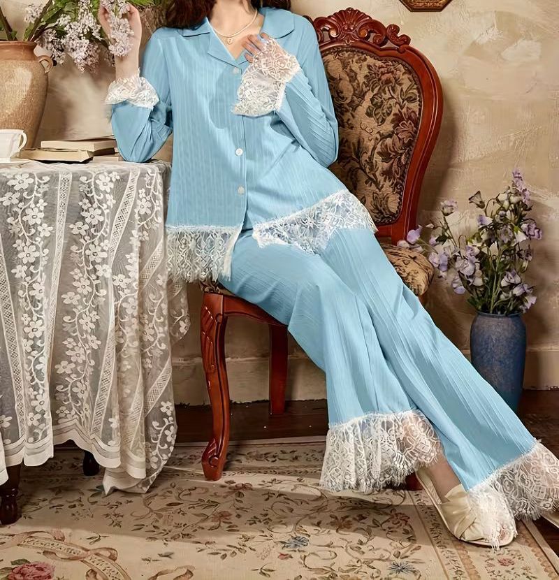 2-Piece Elegant Lace Long-Sleeve Loungewear Set | Matching Pants