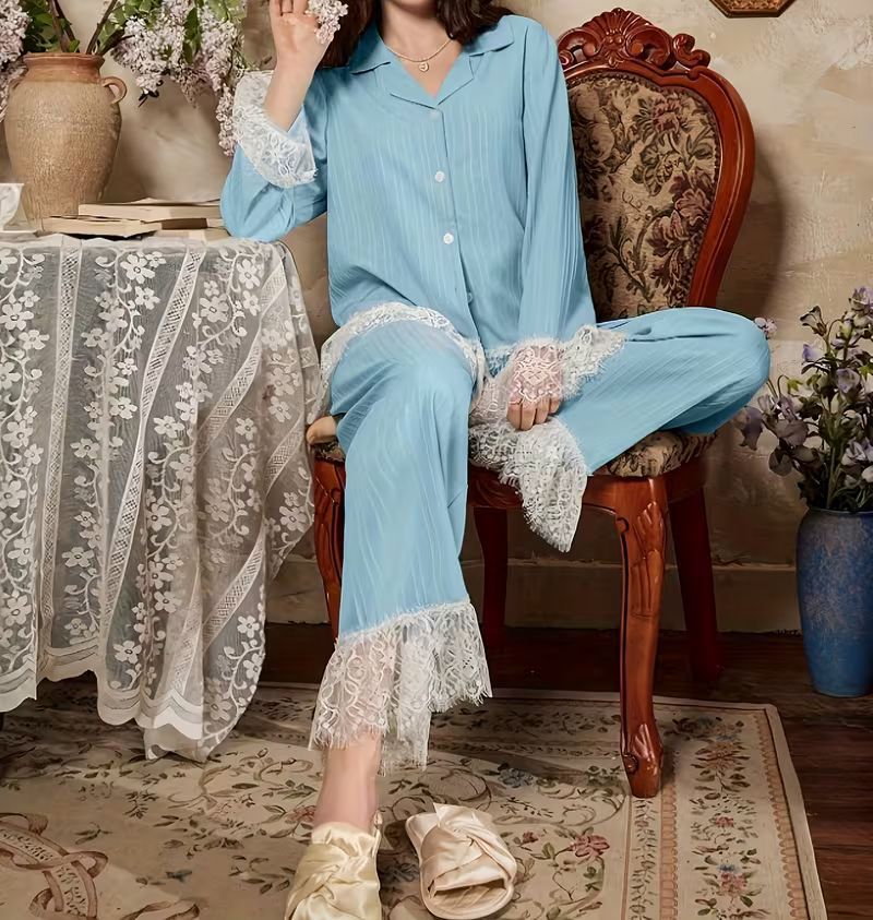 2-Piece Elegant Lace Long-Sleeve Loungewear Set | Matching Pants