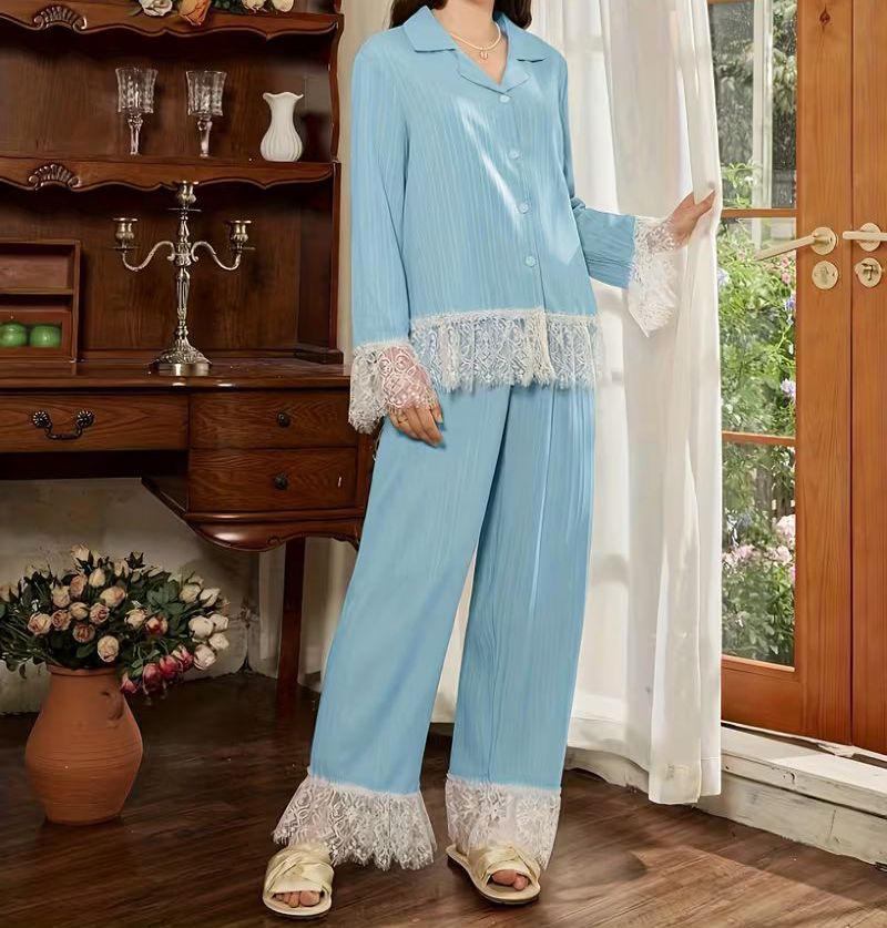2-Piece Elegant Lace Long-Sleeve Loungewear Set | Matching Pants