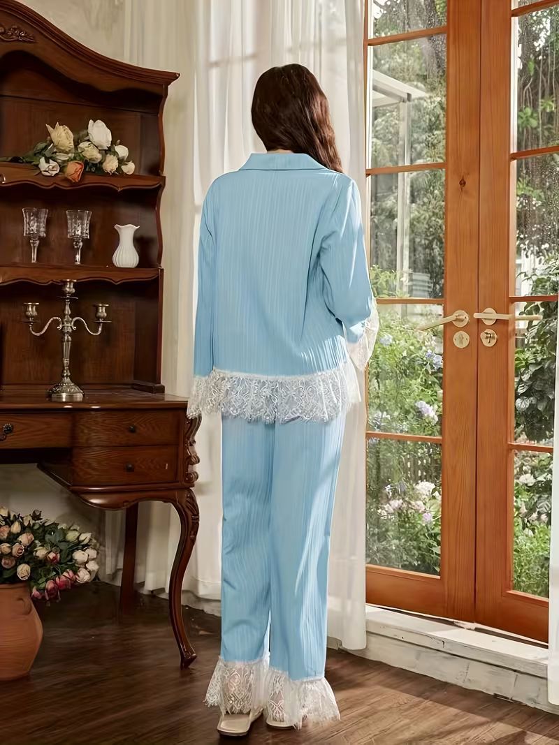 2-Piece Elegant Lace Long-Sleeve Loungewear Set | Matching Pants