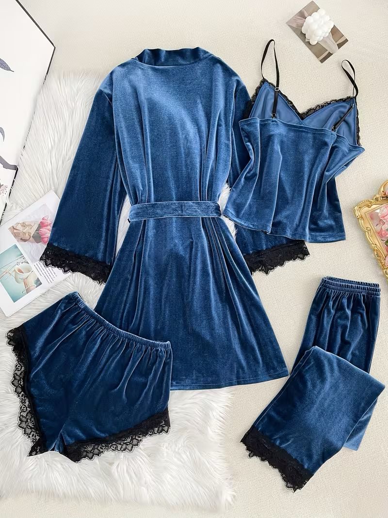 Classic Velvet Lace 4-Piece Pajama & Robe Set