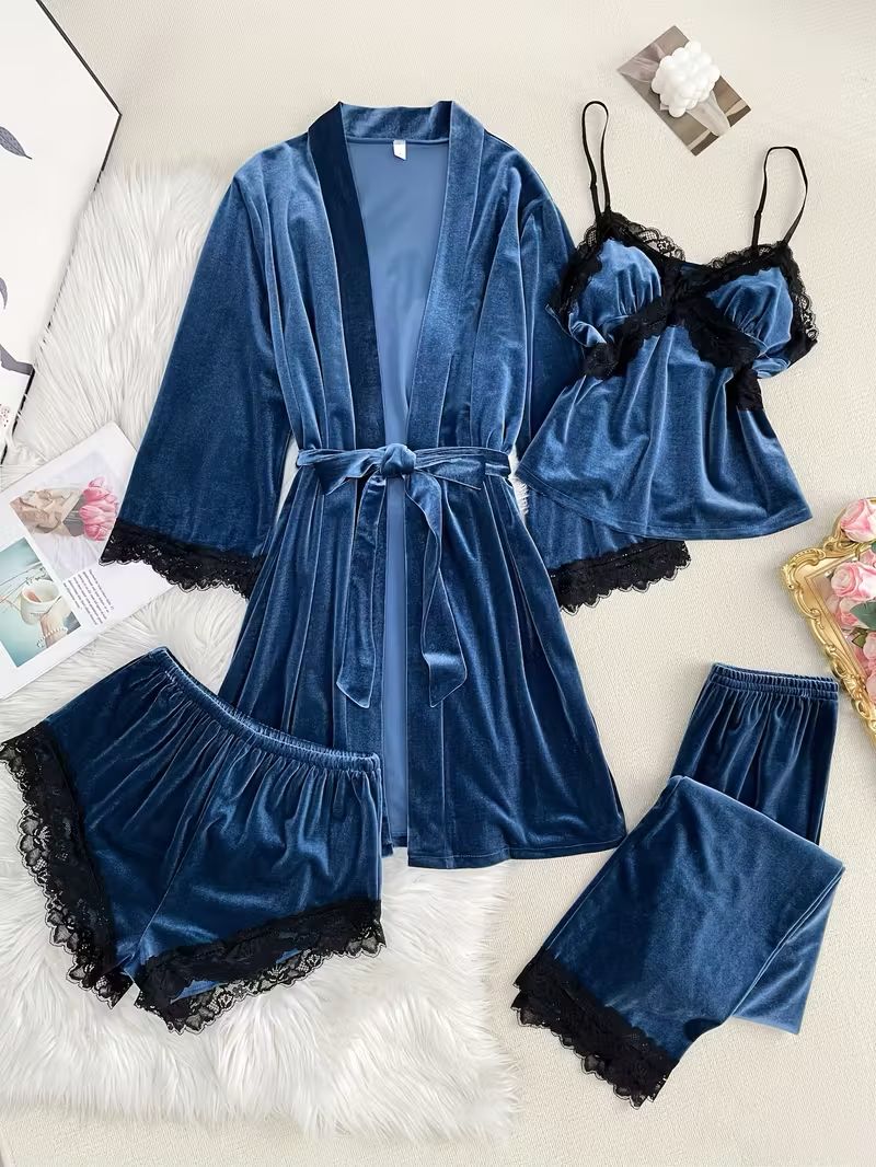 Classic Velvet Lace 4-Piece Pajama & Robe Set