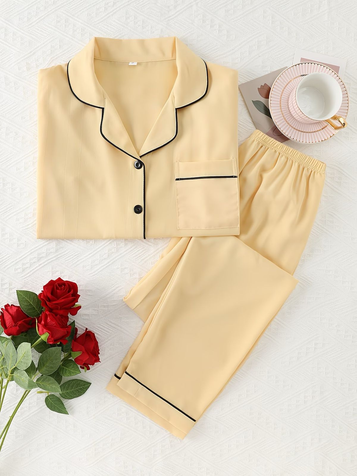 2-Piece Solid Color Satin Pajama Set – Lapel Button Cardigan & Long Lounge Pants - Ginger-colored