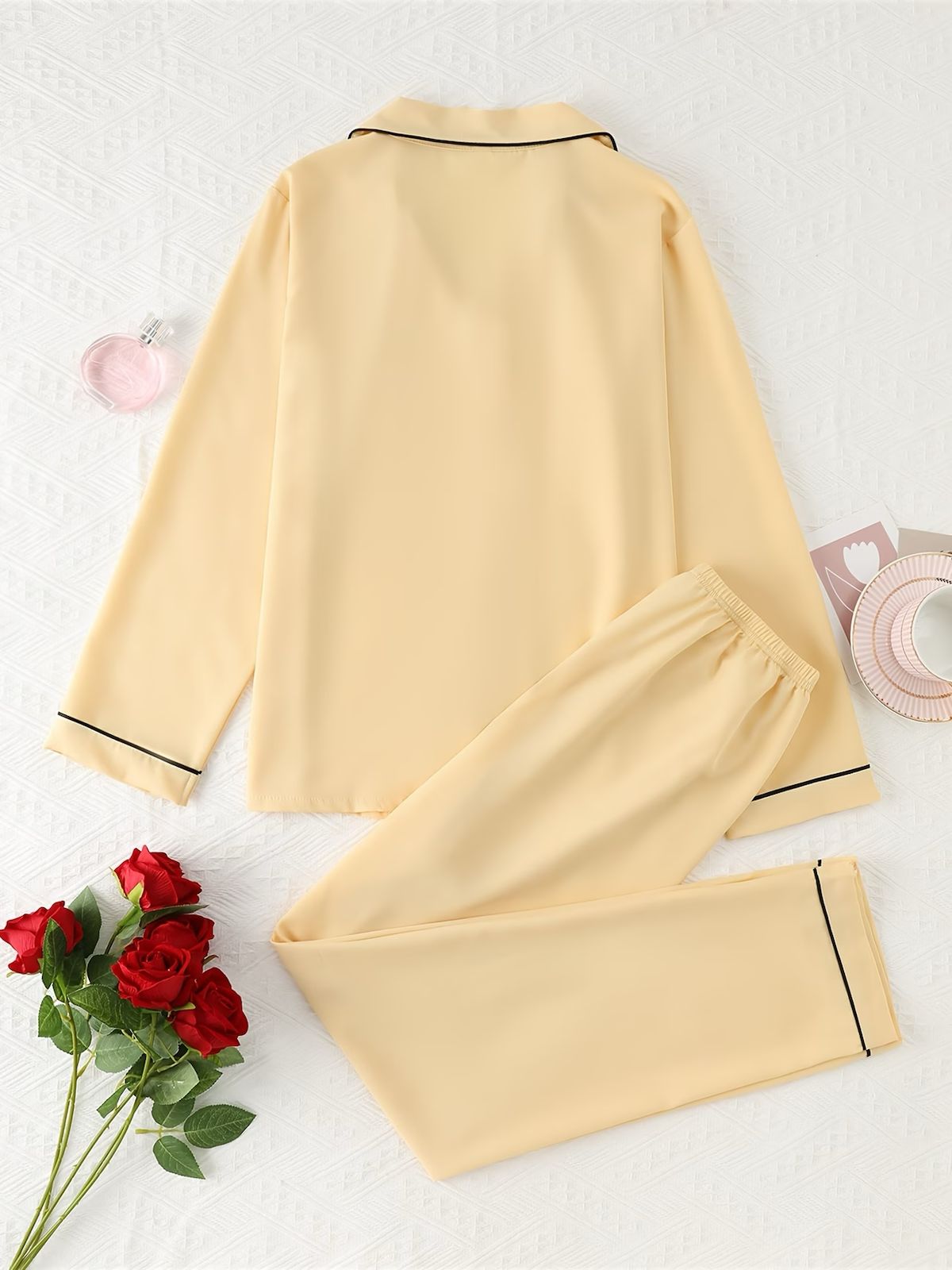 2-Piece Solid Color Satin Pajama Set – Lapel Button Cardigan & Long Lounge Pants - Ginger-colored