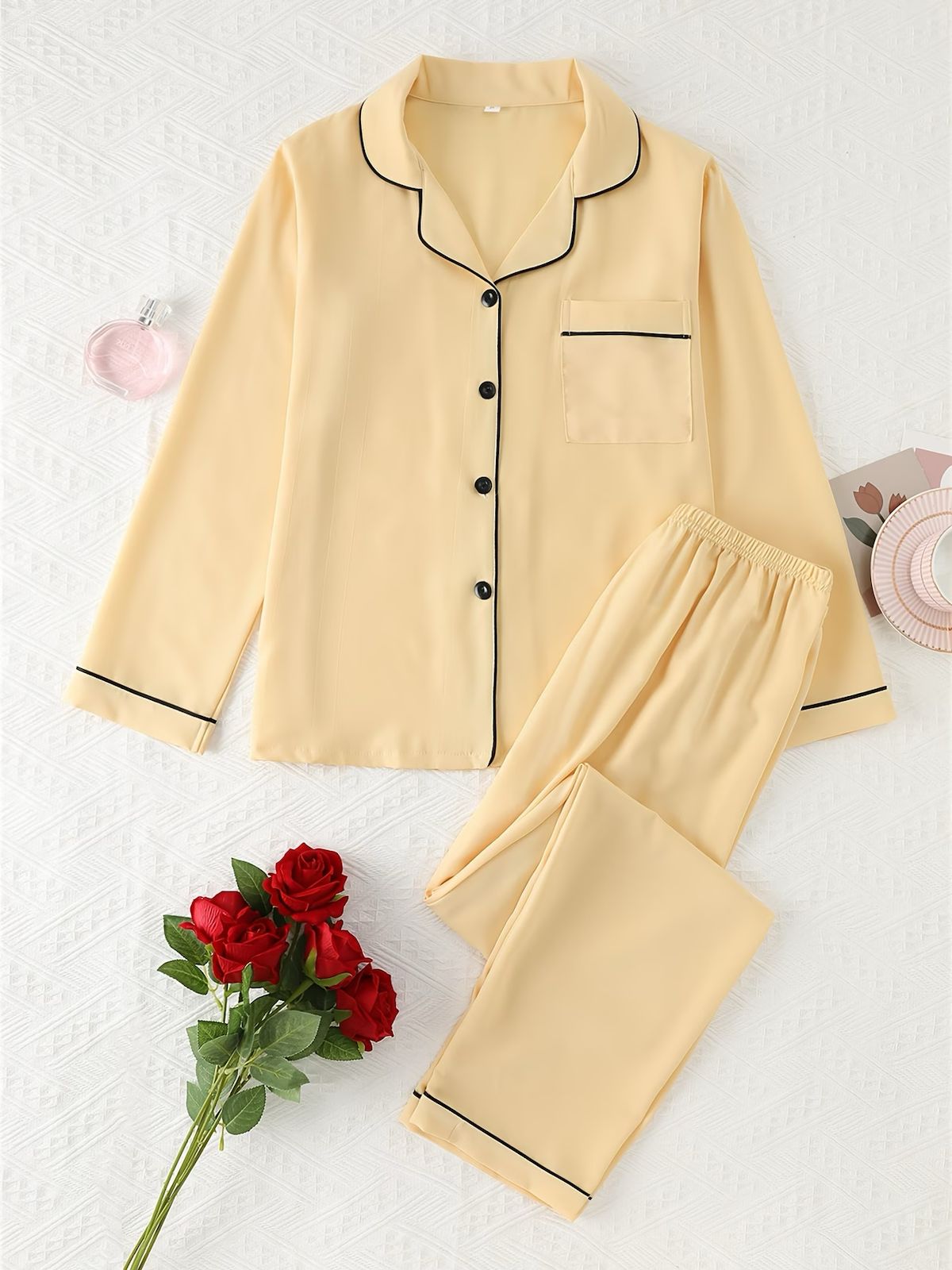 2-Piece Solid Color Satin Pajama Set – Lapel Button Cardigan & Long Lounge Pants - Ginger-colored