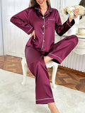 2-Piece Solid Color Satin Pajama Set – Lapel Button Cardigan & Long Lounge Pants - Burgundy