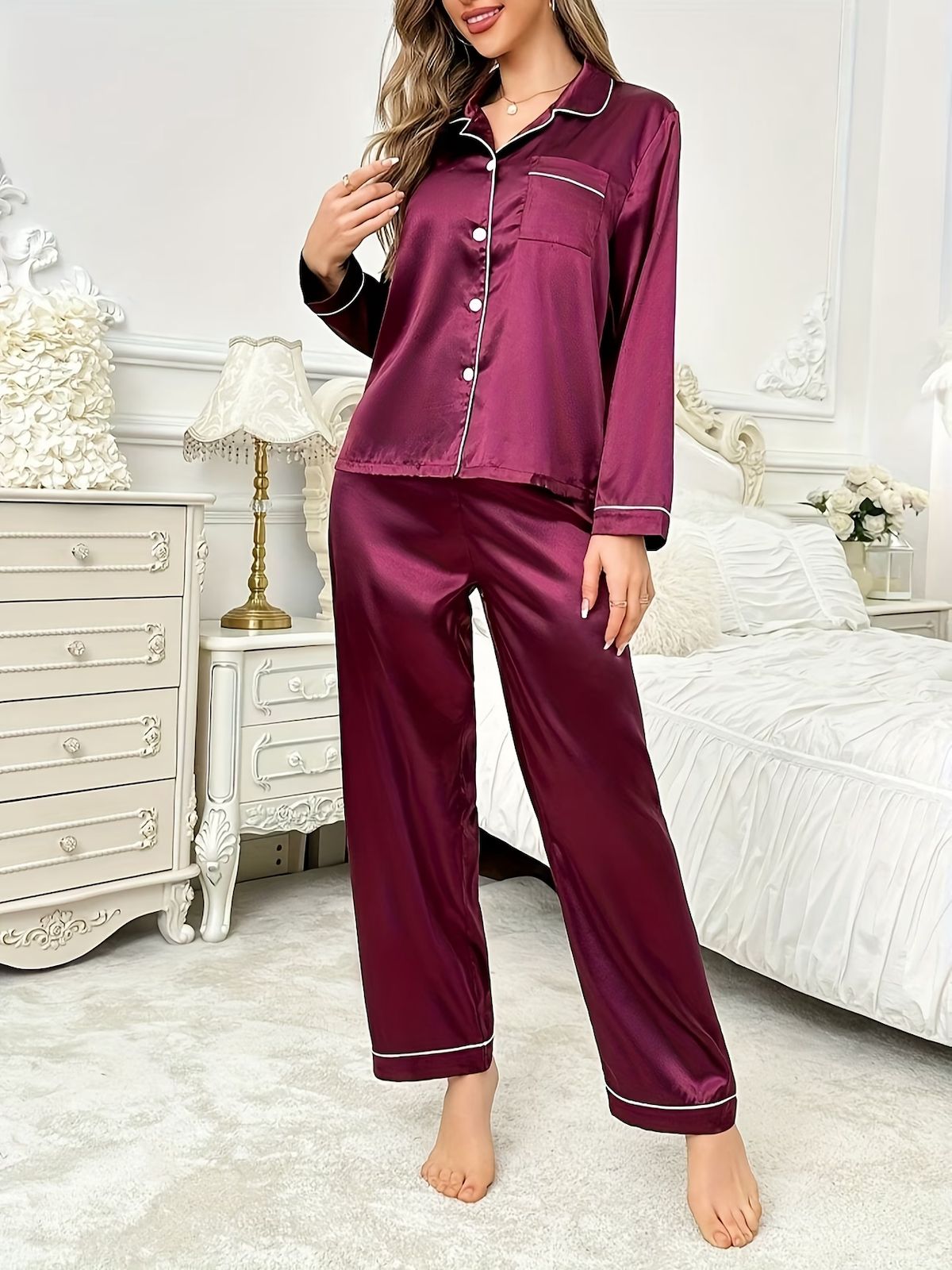 2-Piece Solid Color Satin Pajama Set – Lapel Button Cardigan & Long Lounge Pants - Burgundy