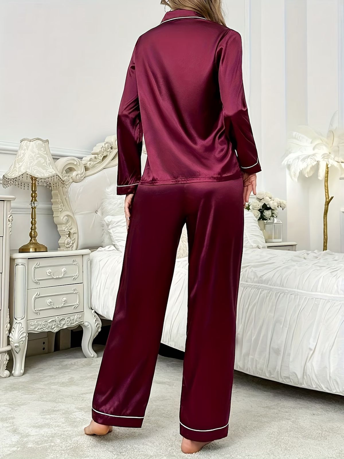 2-Piece Solid Color Satin Pajama Set – Lapel Button Cardigan & Long Lounge Pants - Burgundy