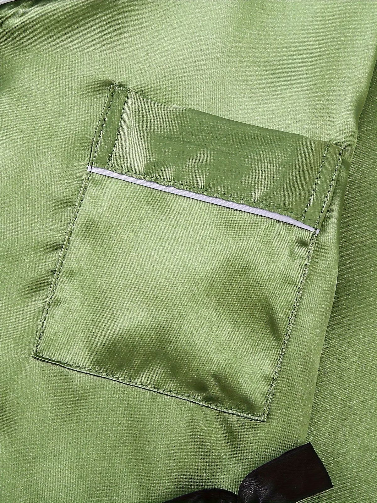 2-Piece Solid Color Satin Pajama Set – Lapel Button Cardigan & Long Lounge Pants - Green