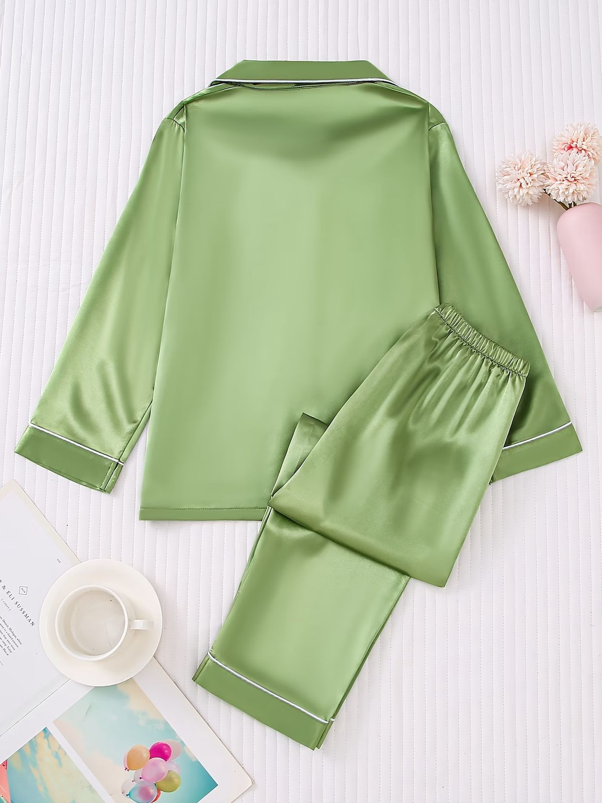 2-Piece Solid Color Satin Pajama Set – Lapel Button Cardigan & Long Lounge Pants - Green