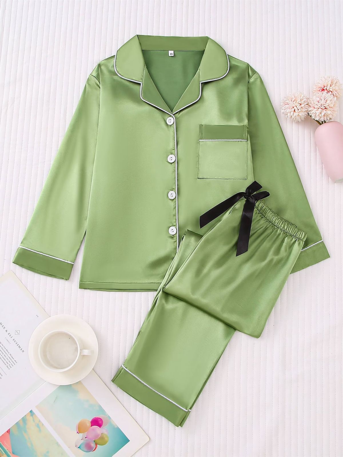 2-Piece Solid Color Satin Pajama Set – Lapel Button Cardigan & Long Lounge Pants - Green
