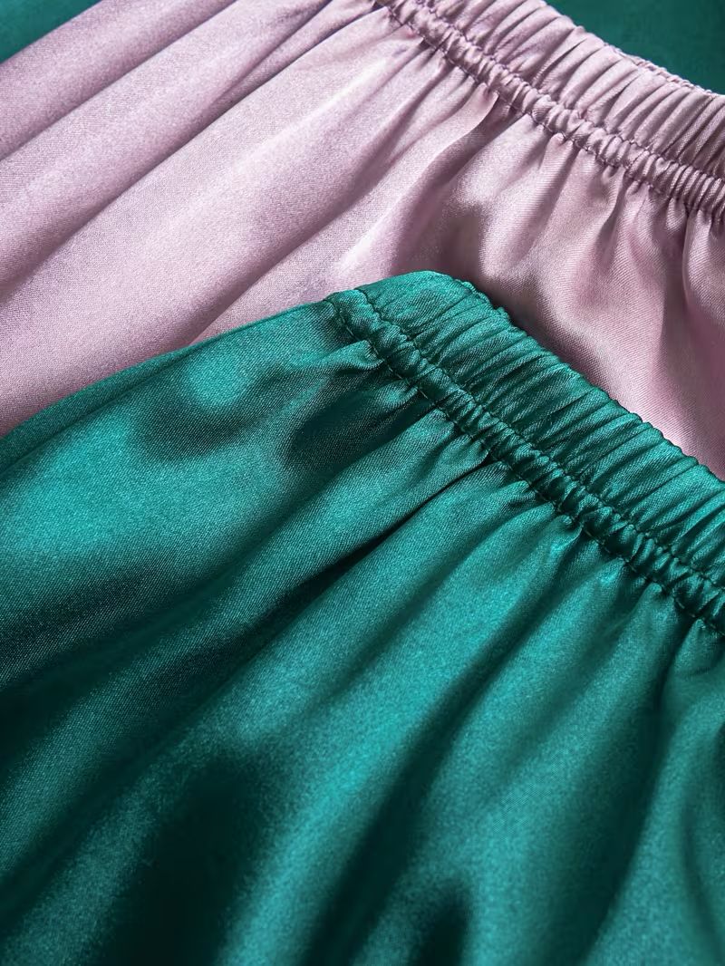 4-Piece Satin Lounge Set – Dual-Tone Satin Pajama Set – Long Sleeve Button Pajamas (Purple / Green)